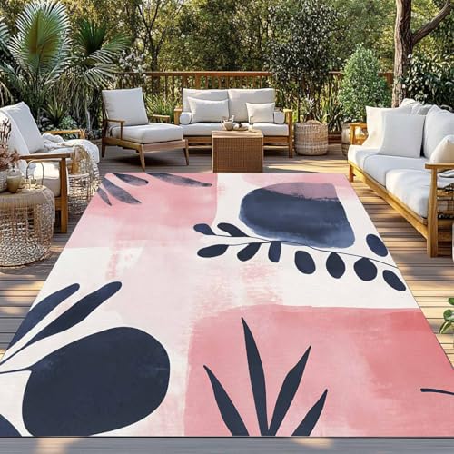 Outdoor Rug 6x9ft, Boho Abstract Leaves Pink Gradient Indoor Area Rug for Patio Backyard Deck Large Floor Mat, Morandi Color Nordic Style Non-Slip Outside Carpet Balcony Porch Camping Rugs Picnic Mat - size: 6' x 9' (Rectangular)