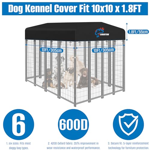 SIRUITON 10x10FT Outdoor Dog Kennel Replacement Cover, Heavy Duty 600D Oxford Fabric with Sun/Rain Dog Play Pen Top Covers Sun Shade Specialized,Snowproof,Sun( Cover Only) - color: Black, size: 10x10FT