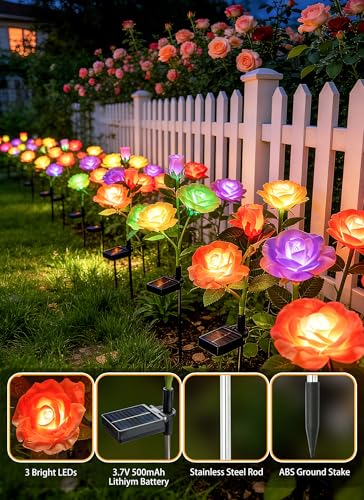 Brightown Outdoor Solar Flower Lights, 4 Pack 7-Color Changing Solar Garden Lights with Larger & More Realistic Rose, Bigger Solar Panel, Waterproof Solar Lights for Yard Garden Lawn Pathway Decor - color: 7 Color Rose
