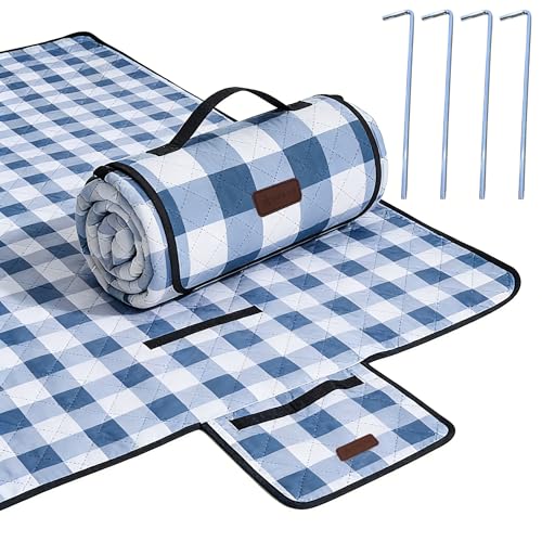 HX&OD Outdoor Picnic Blanket, Extra Large, 80''x80'' Waterproof Foldable Blankets Gingham Picnic Mat for Beach, Camping Grass Lawn Park Accessories Cute Couple Ideas Wedding (Blue, 80”x80”) - color: Blue, size: 6'8" x 6'8" (Square)