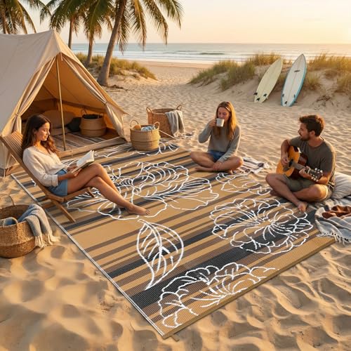 Garvee 6x9 Outdoor Waterproof Rug, Floral Outdoor Area Rug，Reversible Plastic Straw Patio Rug, Portable Camping Mat for RV, Picnic, Beach, Balcony, Garden & Camping Black&Brown - color: Blackbrown, size: 6' x 9' (Rectangular)