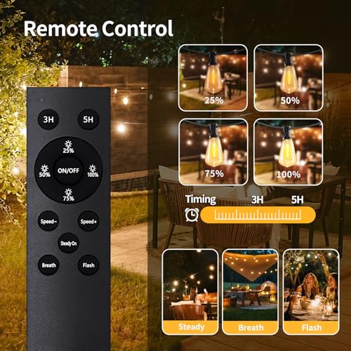 SANBEN 50ft Solar String Lights with Remote, 25+1 Bulbs Solar Patio Lights Outdoor Waterproof, Solar Powered Dimmable Deck Lights for Garden Porch Party - size: 50ft-ST38