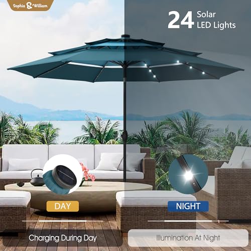 Sophia & William 10ft Patio Umbrellas 3-Tier Umbrella Outdoor Patio Umbrellas with Lights Vented Top 24 LED lights Adjustable Tilt for Pool Garden Backyard, Mixed Peacock - color: Mixed Peacock
