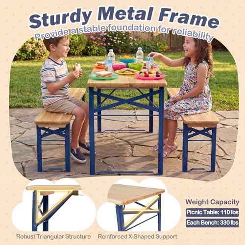 Costzon Kids Picnic Table, 43.5 Inch Folding Picnic Table with 2 Benches, Fir Wood Top & Metal Frame, No Assembly 3-Piece Portable Kids Indoor/Outdoor Furniture for Patio Backyard Daycare (Navy Blue) - color: Navy Blue