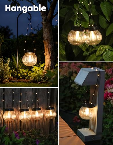PARTPHONER Solar Lights Outdoor Waterproof 12-Pack, Solar Powered Hanging Lantern Ribbed Glass Hanging Globes for Yard Decor Christmas Decoration, Shepherd Hook, Garden Tree Ornaments, Clear - color: Clear
