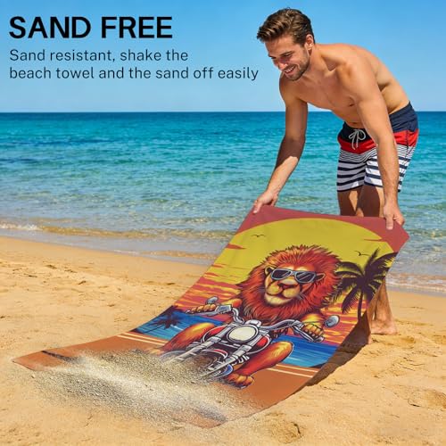 Lion Beach Towel, Funny Lion Riding A Motorcycle Towel for Boys Kids Adults, Quick Dry Microfiber Animal Palm Tree Orange Sunset Towels for Swim Pool Bathroom Travel, Oversized 32x52 - color: Lion