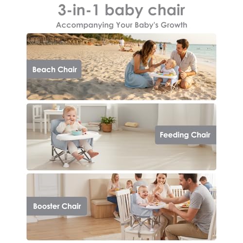 Tiny Marvels Portable Booster Seat, Foldable Baby High Chair with Removable Tray, Safety Harness & Carry Bag – for Toddlers Ages 6M-3Y, Ideal for Dining, Travel, Camping & Family Time - color: Grey