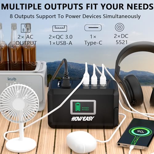 HOWEASY Portable Power Station120W(240W Peak), 24000mAh Camping Solar Generator, Portable Power Bank with 2 110V AC Outlet / 2 DC /3 USB QC3.0/LED Flashlight for Home Camping Emergency Backup - color: Black