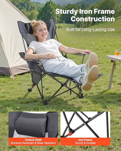 VEVOR 2-in-1 Reclining Camping Chair with Footrest for Adults, 4 Adjustable Positions, Portable Folding Lounger, Lightweight Mesh Beach Chair Supports 220lbs, Heavy Duty Camp Chairs Outdoor, Gray - color: Grey