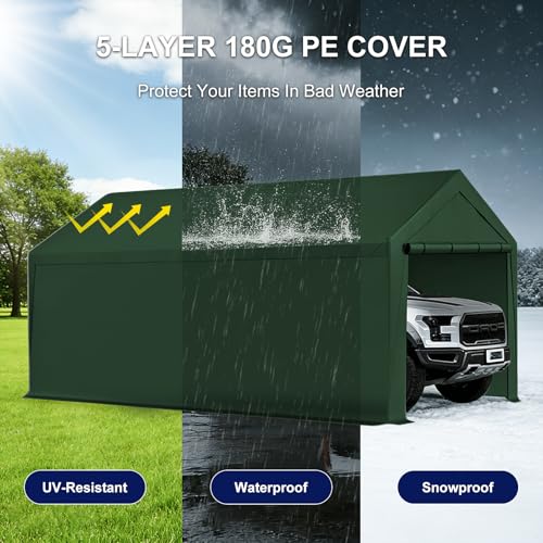 Carport, 10x20ft Heavy Duty Car Port, Portable Garage with Steel Frame, Carports Canopy Storage Shed Party Tent with Waterproof Tarp for Car Boat Truck (Green) - color: Green