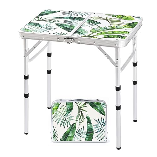 Folding Camping Table 2ft Portable Pinic Table Adjustable Height Small Card Table Aluminum Foldable Lightweight with Carry Handle for Outdoor Indoor Hiking Camp BBQ Beach (Monstera Palm Leaves) - color: Monstera Palm Leaves, size: 24"l X 16"w X 24"h
