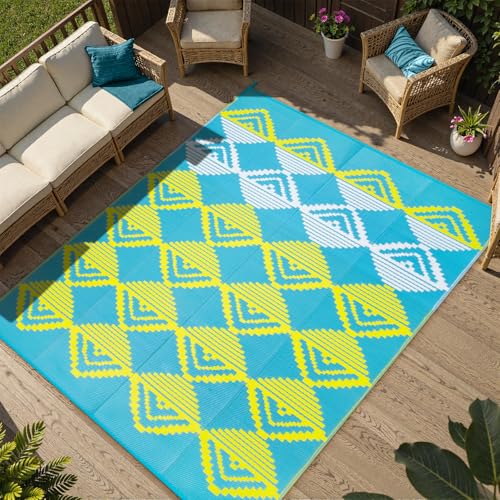 Lahome Waterproof Outdoor Patio Rug 9x12, Reversible Large Outdoor Area Rug for Patios, Camping Rugs for Beach RV Backyard Deck Picnic Trailer (Blue/Yellow, 9' x 12') - color: Blue/Yellow/Checkered, size: 9'x12'