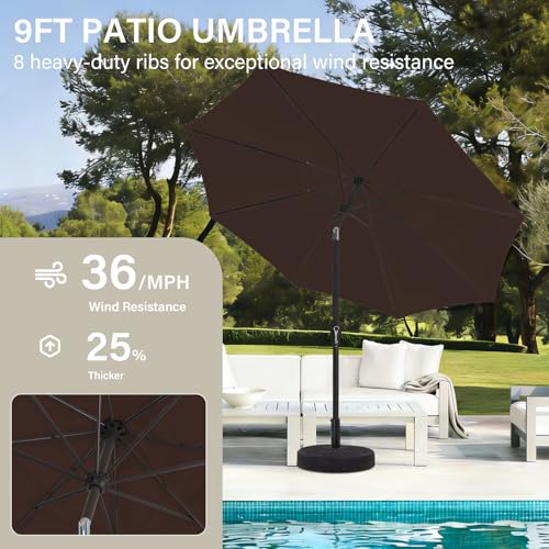 MEWAY 9ft Patio Umbrella Outdoor Table Umbrellas with Push Button Tilt and Crank, Market Umbrella 8 Sturdy Ribs for Deck, Garden, Pool and Backyard, Brown - color: Brown, size: 9ft