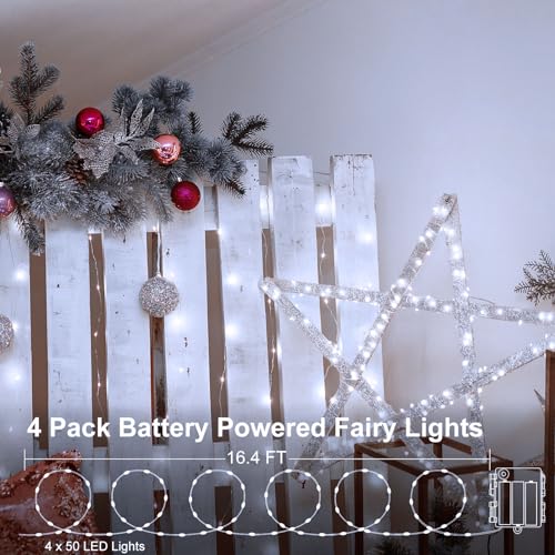 4 Pack Battery Operated Fairy Lights 16.4 Ft 50 LED Christmas Fairy Lights with Auto Timer 8 Modes, Waterproof Silver Wire Battery Twinkle Lights for Wedding Christmas Decor (Cool White) - color: Cool White-Silver Wire