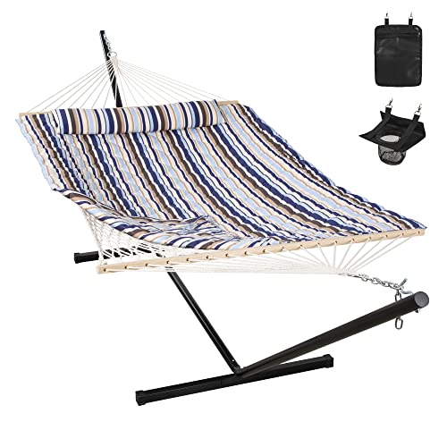 ANOW Outdoor Double Hammock with Stand, Portable Hammock with Detachable Pillow and Pad for Garden Yard Outside, 450 LBS Weight Capacity, Blue Seaside - color: Blue Seaside, size: With Stand
