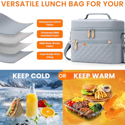 Tenot Insulated Lunch Box for Women Reusable, Leak Proof Cooler Lunch Bag Women for Work Stylish Quilted Lunch Tote Bag for Adult Picnic Travel Hiking Light Blue - color: Light Blue