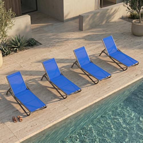 Patio Chaise Lounge Chairs Set of 4, All-Weather Aluminum Pool Loungers for Outside, 5-Position Adjustable Sunbathing Chairs for Tanning, Stackable for Backyard, Poolside, Cobalt Blue - color: Cobalt Blue, size: Set of 4