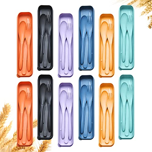 Reusable Travel Utensils Set with Case, 12 Sets Wheat Straw Portable Plastic Fork Spoons Knife Camping Cutlery, Eco-Friendly BPA Free Lunch Tableware for Kids Adults Travel Picnic Silverware - color: 12 Sets - Multiple Colors