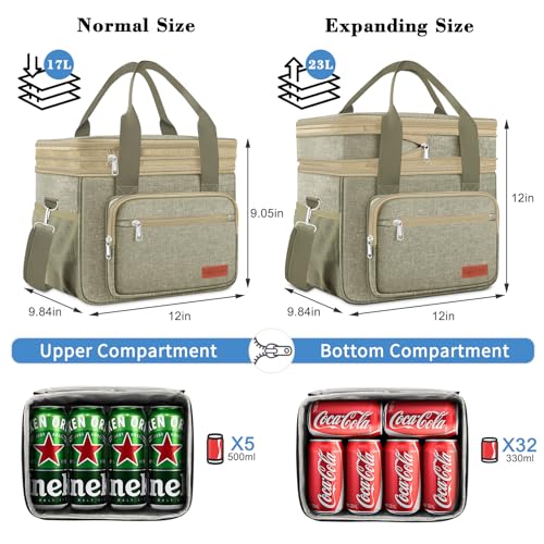 Coobiiya Insulated Lunch Box for Men & Women, Leakproof Lunch Bag Cooler Bag with 4 Pockets,Heavy Duty Lunch Bags Men Cooler Bags for Camping, Travel, Work Kayaking & Beach - color: Khaki, size: X Large – 23L (Double-Layer)
