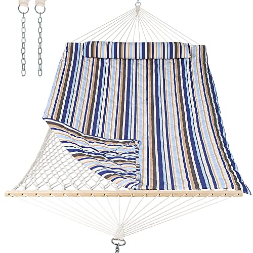 ANOW Outdoor Double Rope Hammock with Pad, Portable Hammock for Patio, Backyard, Beach, 450 LBS Weight Capacity, Blue Seaside - color: Blue Seaside, size: Without Stand
