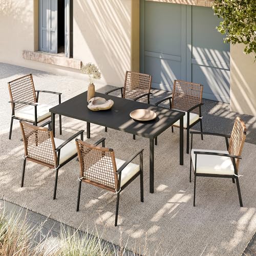 LAUSAINT HOME 7 Pieces Patio Dining Set, Outdoor Furniture Set of 6 Chairs with Soft Cushion and Iron Slats Table Top with Umbrella Hole, Conversation Set for Backyard, Garden and Poolside - color: Pe Rattan Black Standard Chairs, size: 7-Piece
