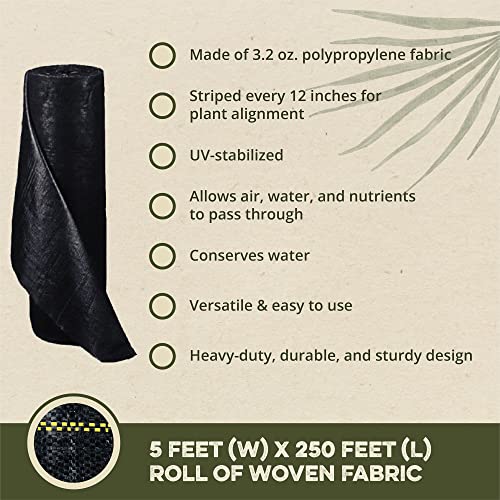 Dewitt Pro-5 Weed Barrier Fabric 5 oz, 5 x 250 Feet – Heavy-Duty Woven Landscape Ground Cover Mat for Raised Garden Bed, Greenhouse Gardening, Outdoor Landscaping, and Commercial Planting - size: 1 Pack, style: 5' x 250'