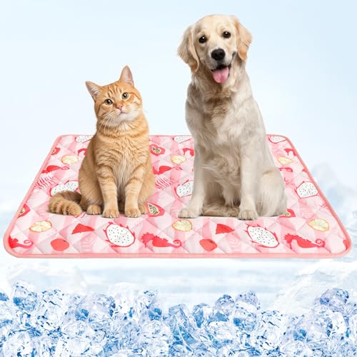 Dog Cooling Mat,27.5"x38.5" Thicken Self-Cooling Mat for Dog Large,Internal Waterproof& Endothermic,Washable Pet Ice Cool Pad Blanket,Pet Sleeping Pad for Indoor Outdoor in Summer,Non-Toxic, Pink L - color: Pink Seahorse, size: Large 27.5IN x 38.5IN