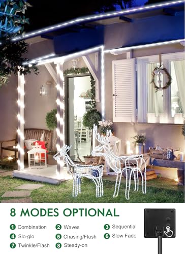 Brightown Solar Rope Lights, IP65 Waterproof 39FT 100LED Outdoor Solar String Lights Solar Powered Fairy Lights with 8 Lighting Modes for Party Garden Yard Home Holiday Tree Decoration, Pure White - color: Pure White, size: 100 LED