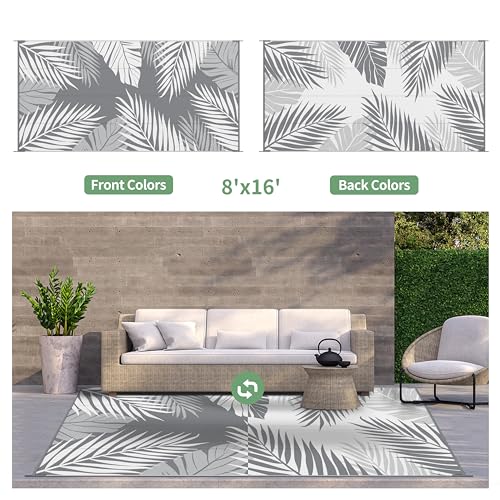 GENIMO Outdoor Rug 8' x 16' Waterproof for Patios Clearance, Reversible Outdoor Plastic Straw Camping Rug Carpet, Large Area Rugs Mats for RV, Camper, Deck, Balcony, Porch, Beach, Picnic, Grey&White - color: Grey & White | Waterproof, size: 8' x 16' (Rect