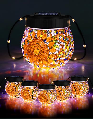 Mosaic Solar Lights Outdoor 6 Pack, Solar Hanging Lanterns Christmas Halloween Gifts for Women Mom Grandma, Waterproof Glass Globe Lights, Garden Patio Decor for Yard, Tree, Balcony, Warm - color: Orange, size: 6