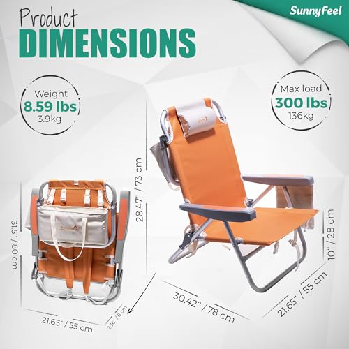 SUNNYFEEL Low Beach Chair, 5-Position Lay Flat Reclining, Backpack Portable Folding Chair with Cooler Bag & Cup Holder, Heavy Duty 350 LBS, Compact for Beach, Camping, Travel - color: Orange, size: 1-pack