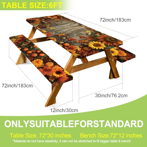 ANNA QUEEN Autumn Harvest Picnic Table Cover Set, 6FT Rustic Fall 3PCS 72"x30" Waterproof Tablecloth with Bench Covers for Camping Thanksgiving & Outdoor Events - color: #6