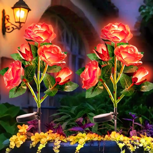 Anordsem Solar Garden Lights Outdoor: 10 Waterproof Fabric Roses 2 Pack - Red LED Flower Decorations for Yard Patio Path Cemetery Grave - Mother 's Day Gift for Her Women Mom Wife - color: Red, size: 2 Pack (LED luminous white)