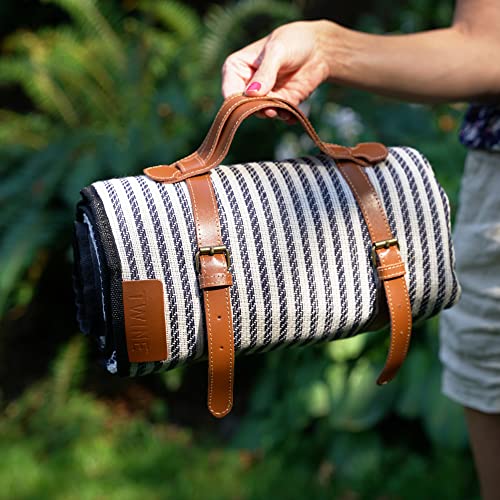 Twine Picnic Blanket - Waterproof Outdoor Blanket with Leather Carrying Straps and Picnic Stakes - Navy/White Striped 6pc Set of 1 - style: Picnic Blanket