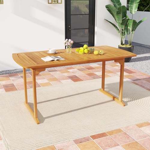 Tangkula 3 Piece Acacia Wood Patio Dining Table Set, 63" Large Patio Table & 2 Backless Benches w/Umbrella Hole, Farmhouse Indoor Outdoor Diner Furniture for Garden Poolside Deck Kitchen