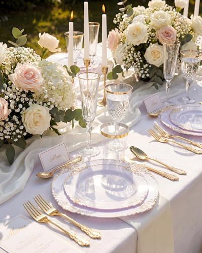 Nervure 350PCS Gold Plastic Plates - Gold Plastic Dinnerware Sets for 50 Guests - 100 Disposable Plates, 150 Silverware, 50 Cups, 50 Napkins for Wedding & Party & Mothers Day - color: Gold