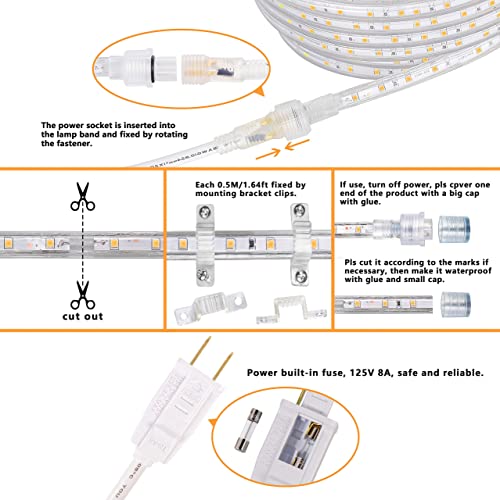 SURNIE LED Rope Lights Outdoor Waterproof Warm White, 50ft Outside Bright Lighting Cuttable Connectable Flexible 110V Cool Clear Flat 3000K, Indoor Deck Patio Christmas Camping Decor, Not Tube Rope - color: Warm White, size: 50ft