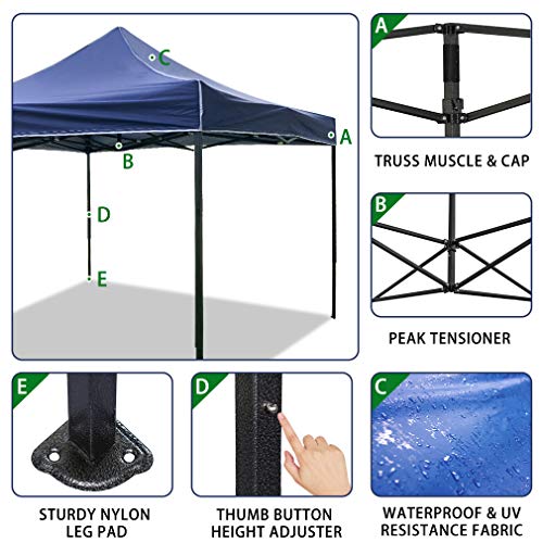 FDW Canopy Tent, Commercial Instant 10x10 Heavy Duty Canopy, 300D Waterproof Adjustable Canopy with Wheeled Carry Bag, 4 Sandbags and 4 Stakes - color: Blue