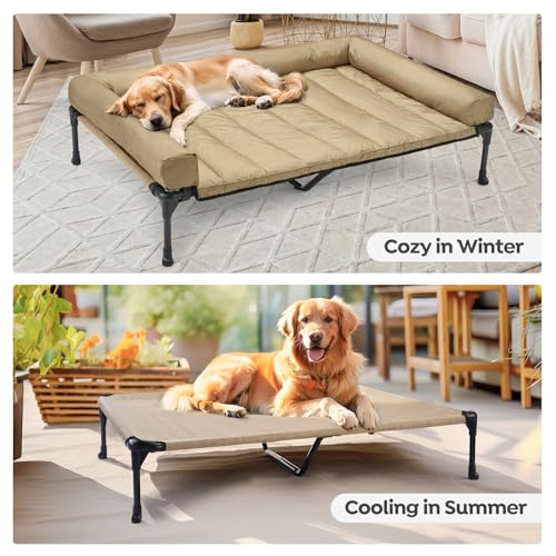 Veehoo Cooling Elevated Dog Bed Add Removable Waterproof Bolster Cushion Mat, Raised Pet Cot with Breathable Teslin Mesh, No-Slip Feet, Dog Couch Bed for Indoor Outdoor, 59x37.5inches, Beige, CWC2331B - color: Beige Coffee, size: 59.0"L x 37.5"W x 9.0"Th