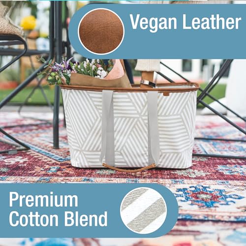 CleverMade Collapsible LUXE Tote, 30L Foldable Grocery Shopping Bag, Reusable - color: Geometric Taupe