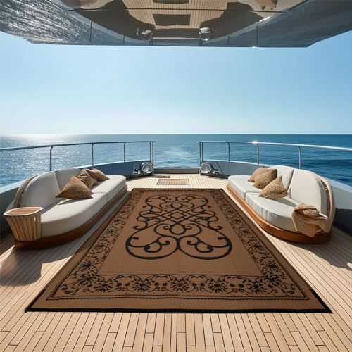 Outdoor Rug 6 x 9 ft, Reversible Plastic Straw Rug for Patio, Waterproof Large Outdoor Carpet for RV, Patio, Camping, Backyard, Deck, Picnic, Beach - color: Pattern Black/Brown, size: 6'x9'
