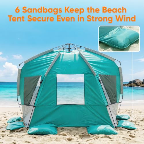 Golabs BT1 Pop up Beach Tent Sun Shelter for 3-Person, 1-Minute Setup by Pre-Attached Pole & UPF 50+, Beach Shade with Detachable Floor Mat, Mesh for Clear View & Airflow, only 7 lbs & Pocket and Hook - color: GREEN