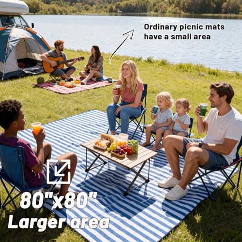 Large Picnic Blanket 80"x80" – Extra Large Waterproof Sandproof Outdoor Blanket for Beach, Grass, Park, Lawn, Camping, Wedding Registry Gift, Foldable & Portable Mat for Family Travel - color: Chatham Blue