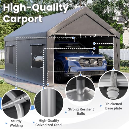 Bezseller 10x20 FT Heavy Duty Carport Canopy with Removable Sidewalls, Portable Garage Tent with Roll-Up Windows & Doors, Car Port with All-Season Tarp for Cars, Boats, Trucks, Gray - color: Gray, size: 10 X 20