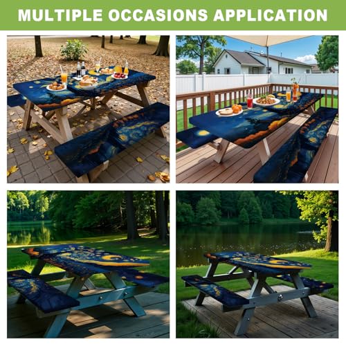 ANNA QUEEN Artistic Starry Night 6FT Picnic Table Cover with Bench Covers Set of 3 with Drawstring Bag, 72"x30" Waterproof Fitted Picnic Tablecloth & Bench Seat Covers for Outdoor Camping Patio - color: #50
