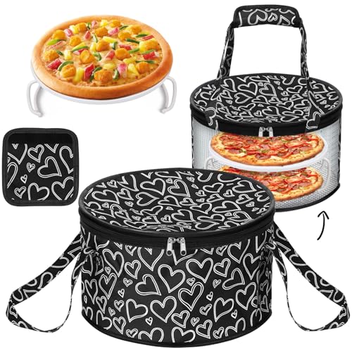 Pickmesh Round Pie Carrier 12 x 7 Inch Insulated Casserole Carriers with Lid and Detachable Handle for Hot or Cold Food Cake Transport Thanksgiving Christmas Gift(Black Champagne Heart) - color: Black Champagne Heart