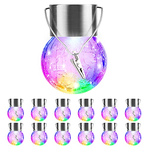 12 Pack Hanging Solar Lights Outdoor Decorative, Waterproof Solar Globe Lantern with Handle and Clip, Solar Powered Cracked Glass Ball Lights for Garden Yard Patio, Fence Tree Umbrella, Holiday Decor - color: Color Changing, size: 12