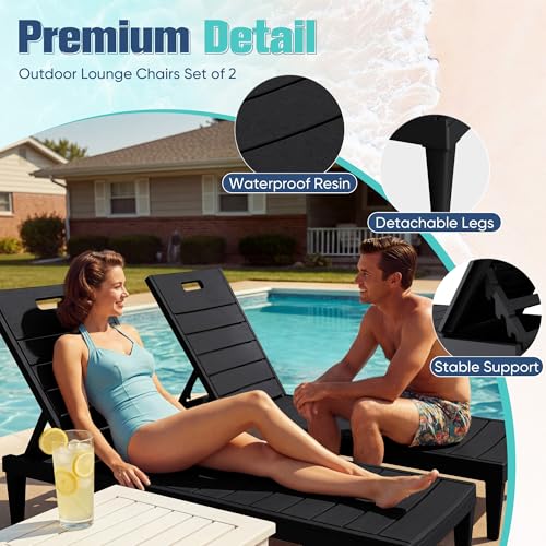 Devoko Outdoor Chaise Lounge Chair Set of 2 with 5-Position Adjustable Back, Waterproof & Lightweight PP Lounge Chairs for Outside Pool Patio (Black) - color: Black, size: 72 in Depth