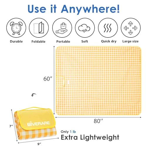 Picnic Beach Blanket Extra Large, XL Sandproof Waterproof Outdoor Camping Blankets 80x60in, Sand Free Oversized Mat, Quick Drying Portable Mats for Travel, Hiking, Music Festival, Lawn-Yellow - color: Yellow, size: 5' x 6'8"