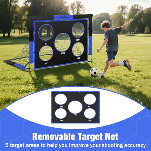 MoKo Soccer Goals for Backyard, 5×4 FT Large Size Pop Up Goal Net with Target Panel, Portable Soccer Training Equipment for Kids Practice, Outdoor Sports Game, Black+Blue